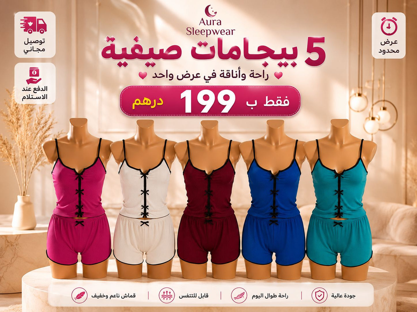 5 بيجامات صيفية بـ 199 درهم فقط.